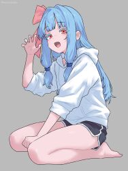1girl barefoot black_shorts blue_hair claw_pose dolphin_shorts feet highres hood hoodie kotonoha_aoi open_mouth orange_eyes seiza semicolonize shorts sitting solo thighs toes voiceroid white_hoodie