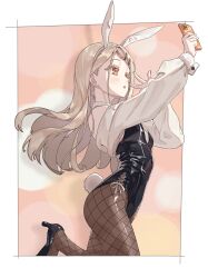 1girl :o absurdres animal_ear_hairband animal_ears black_leotard blonde_hair breasts brown_pantyhose cellphone colored_eyelashes earrings fake_animal_ears fake_tail fishnet_pantyhose fishnets gakuen_idolmaster hairband highres hiphighs holding holding_phone idolmaster jewelry leotard long_hair looking_at_phone orange_eyes pantyhose phone playboy_bunny rabbit_ear_hairband rabbit_ears rabbit_tail shinosawa_hiro small_breasts solo soojoo_h standing standing_on_one_leg straight_hair stud_earrings tail very_long_hair w