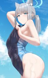 1girl absurdres animal_ear_fluff animal_ears black_one-piece_swimsuit blue_archive blue_eyes blue_sky breasts clothes_pull cloud competition_swimsuit covered_navel cowboy_shot cross_hair_ornament extra_ears grey_hair hair_ornament halo highres low_ponytail medium_breasts medium_hair mismatched_pupils multicolored_swimsuit necropoi official_alternate_costume one-piece_swimsuit one-piece_swimsuit_pull ponytail shiroko_(blue_archive) shiroko_(swimsuit)_(blue_archive) sky solo swimsuit wolf_ears
