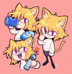 Rule 34 | animal ears, blonde hair, bomb, can, cat ears, cat tail, degodraws, drink can, drinking, fang, highres, holding, holding milk carton, looking up, milk, milk carton, neco-arc, open mouth, pepsi, pink background, pipe bomb, signature, simple background, skirt, soda can, standing, tail, tsukihime, variations