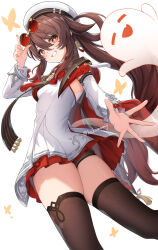 Rule 34 | 1girl, absurdres, black panties, black thighhighs, boo tao (genshin impact), bright pupils, brown eyes, brown hair, dress, flower-shaped pupils, from behind, from below, genshin impact, grin, hako momiji, hat, highres, hu tao (cherries snow-laden) (genshin impact), hu tao (genshin impact), long hair, looking back, official alternate costume, panties, red-tinted eyewear, red skirt, round eyewear, simple background, skirt, smile, solo, symbol-shaped pupils, thighhighs, tinted eyewear, twintails, twitter username, underwear, white background, white dress, white hat, white pupils