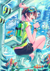 1boy black_shorts blue_hat blue_socks boots brown_hair clownfish commentary_request coral eyewear_on_head fish fish_tank full_body goggles green_eyes green_shirt hair_between_eyes hat highres lace-up_boots male_focus open_mouth original ramune school_of_fish shirt short_hair short_shorts short_sleeves shorts socks solo squatting suzaku_(zaku6584) underwater visor_cap white_boots