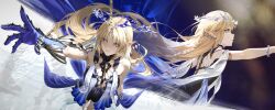 2girls absurdres arm_up armored_gloves armpits blonde_hair blue_eyes blue_gloves bracelet braid cartethyia_(wuthering_waves) commentary_request crown_of_thorns earrings fleurdelys_(wuthering_waves) floating_crown foreshortening fuann gloves hair_ornament highres incredibly_absurdres jewelry long_hair multiple_girls outstretched_arm parted_lips pointy_ears tacet_mark_(wuthering_waves) unicorn very_long_hair wuthering_waves