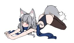 109kpm 1girl alternate_costume animal_ear_fluff animal_ears ass back_cutout bare_arms bkornblume black_leotard black_thighhighs blue_flower blue_scarf blush closed_mouth clothing_cutout flower fox_ears fox_girl fox_tail full_body grey_eyes grey_hair hair_flower hair_in_own_mouth hair_ornament highres kemonomimi_mode leotard long_hair looking_at_viewer lying mouth_hold on_stomach outstretched_arms reverse:1999 scarf smile solo tail thighhighs toeless_legwear white_background