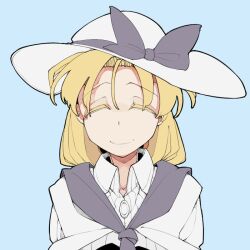 1girl blonde_hair blue_background bolos closed_eyes hat hat_ribbon louise_(touhou) neckerchief purple_neckerchief purple_ribbon ribbon shirt simple_background smile solo touhou upper_body white_shirt