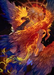 2boys absurdres angel angel_wings bare_legs black_background blue_vest brown_hair chinese_commentary closed_eyes closed_mouth commentary_request embers expressionless feathered_wings fire from_side glowing halo highres ikari_shinji knees long_sleeves looking_at_viewer male_focus multiple_boys multiple_wings nagisa_kaworu neon_genesis_evangelion parted_lips psycho373 red_halo seraph shirt smile traditional_halo vest white_shirt white_wings wings yellow_eyes