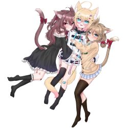 3girls :3 ahoge animal_ear_fluff animal_ears bandaid bandaid_on_knee bandaid_on_leg belt belt_buckle black_collar black_dress black_socks black_thighhighs blonde_hair blue_eyes blue_skirt blush bow brown_cardigan brown_hair buckle cardigan cat_ears cat_girl cat_tail collar dress evil_neuro-sama fang frilled_dress frills full_body glasses grey_hood hair_ornament hair_ribbon hairclip heart heart_hair_ornament hood hood_down hoodie indie_virtual_youtuber jacket long_hair looking_at_viewer medium_hair minikomew multiple_girls neuro-sama open_belt open_mouth pink_belt pleated_skirt red_bow red_eyes red_ribbon ribbon ritspi simple_background skin_fang skirt socks tail thighhighs twintails white_background white_jacket