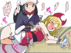 2girls akari_(pokemon) armpits bound irida_(pokemon) laughing multiple_girls nintendo pokemon pokemon_(creature) pokemon_legends:_arceus restrained smile stardustseven21 tagme tickling tickling_armpits translation_request