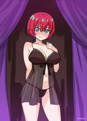 1girl amate_yuzuriha aqua_eyes aqua_hair babydoll black_babydoll black_panties blush breasts chinese_commentary closed_mouth collarbone curtains gradient_hair gundam gundam_gquuuuuux highres large_breasts looking_at_viewer multicolored_hair navel panties pink_hair see-through_babydoll see-through_clothes short_hair solo stomach thighs underwear wavy_mouth wolksheep