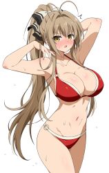 1girl absurdres amagi_brilliant_park antenna_hair arm_behind_head bikini blush breasts brown_eyes brown_hair cleavage eggman_(ni_tamagoex) hair_ribbon highres large_breasts leotard nose_blush o-ring o-ring_bikini o-ring_bottom o-ring_top ponytail red_bikini red_leotard ribbon sento_isuzu simple_background solo swimsuit white_background