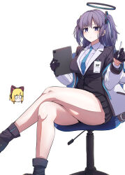 2girls absurdres animal_ear_headphones animal_ears black_gloves black_halo black_shoes black_skirt black_suit blonde_hair blue_archive blue_eyes blue_necktie blush breasts cat_ear_headphones chair closed_mouth collared_shirt commentary crossed_legs fake_animal_ears formal_clothes frown full_body gloves hair_ornament half_gloves halo hands_up headphones highres holding holding_pen holding_tablet_pc id_card jacket jacket_partially_removed large_breasts long_hair looking_at_another looking_at_viewer mechanical_halo millennium_science_school_logo miniskirt momoi_(blue_archive) multiple_girls necktie office_chair on_chair open_clothes open_jacket pen pleated_skirt purple_hair red_pupils school_uniform shirt shitsugaikotsu shoes sidelocks simple_background sitting skirt solo_focus suit swivel_chair tablet_pc thick_thighs thighs triangle_hair_ornament two_side_up v-shaped_eyebrows white_background white_jacket white_shirt wide-eyed yuuka_(blue_archive)