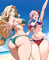 2girls absurdres alternate_costume american_flag american_flag_bikini american_flag_print arm_up armpits ass asymmetrical_hair beach bikini blonde_hair blue_sky breasts bun_cover butt_crack chin_piercing cleavage cloud commentary commission day english_commentary fate/grand_order fate_(series) flag_print green_bikini green_eyes green_nails green_scrunchie grin hair_bun halterneck highres labret_piercing large_breasts long_hair low-tied_long_hair miyamoto_musashi_(fate) miyamoto_musashi_(fate/grand_order) miyamoto_musashi_(swimsuit_berserker)_(fate) miyamoto_musashi_(swimsuit_berserker)_(second_ascension)_(fate) multi-strapped_bikini_bottom multiple_girls navel o-ring o-ring_bikini official_alternate_costume one_eye_closed open_mouth outdoors outstretched_arm parted_bangs pink_hair print_bikini print_swimsuit purple_eyes quetzalcoatl_(fate) scrunchie shore sideboob single_hair_bun single_side_bun sky smile strap_gap swept_bangs swimsuit underboob water zantyarz