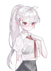 arknights artist_request bra grey_bra grey_skirt hair_between_eyes highres long_hair looking_at_viewer necktie pointy_ears ponytail red_eyes red_necktie shirt simple_background skirt underwear warfarin_(arknights) white_background white_hair white_shirt