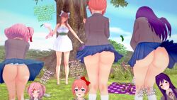 angry angry_expression ass ass_focus bad_tag blush bottomless clothes_lift crowd crowd_watching doki_doki_literature_club dress embarrassed embarrassed_naked_female highres koikatsu_(medium) making_fun_of mocking monika_(doki_doki_literature_club) natsuki_(doki_doki_literature_club) nude outdoors outdoors_nudity outside_nudity picnic public_indecency public_nudity sayori_(doki_doki_literature_club) school_uniform siksaaaan skirt skirt_lift stolen_clothes sundress tricked upskirt wind windy_skirt yuri_(doki_doki_literature_club)