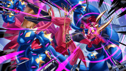 1girl bare_shoulders black_boots black_shirt black_skirt blue_hair boots breasts colored_skin digimon digimon_(creature) fangs finger_frame highres kazuki_seihou long_hair low_wings medusamon miniskirt open_mouth red_skin shirt skirt small_breasts snake_hair solo tongue tongue_out wings
