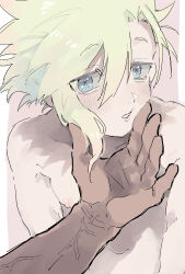2boys blonde_hair blue_eyes blush cloud_strife final_fantasy final_fantasy_vii hand_on_another&#039;s_face highres male_focus multiple_boys nipples nude open_mouth short_hair spiked_hair tan topless_male veins yaoi zack_fair zc_furuya