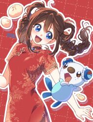 1girl :d ahoge alternate_costume alternate_hairstyle steamed_bun blue_eyes braid brown_eyes bun_cover china_dress chinese_clothes commentary creatures_(company) dress fangs food freckles game_freak gen_5_pokemon grid_background nintendo open_mouth oshawott pokemon pokemon_(creature) pokemon_bw2 print_dress red_background red_dress rosa_(pokemon) shi_mohaji simple_background smile solo symbol-only_commentary twintails