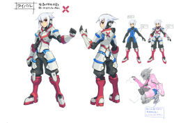 1boy acura_(gunvolt) armor artist_request azure_striker_gunvolt azure_striker_gunvolt_1 clenched_hand concept_art full_body hood hood_down official_art red_eyes reference_sheet short_hair simple_background white_armor white_background white_hair white_hood