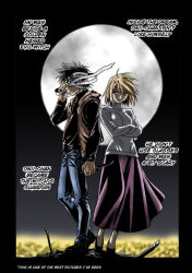 Rule 34 | 1boy, 1girl, ahoge, alternate costume, antenna hair, arcueid brunestud, arima miyako, black hair, blonde hair, blue eyes, breasts, brown jacket, cityscape, colorized, crossed arms, denim, dress, elyak, english text, folding knife, frown, full moon, hard-translated, jacket, jeans, kirishima takeru, knife, long sleeves, looking at viewer, loose bandages, melty blood, moon, nanatsu-yoru, night, night sky, official art, out of frame, pants, red eyes, shoes, short hair, skirt, sky, smile, sneakers, sweater, switchblade, third-party edit, tohno shiki, tsukihime, turtleneck