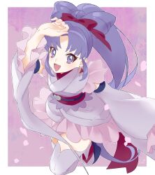 Rule 34 | 1girl, absurdly long hair, absurdres, black sandals, border, bow, bow-shaped hair, cure fortune, cure fortune (anmitsu komachi), detached sleeves, dot nose, dress, earrings, eyelashes, frilled kimono, frilled sleeves, frills, full body, hair bow, hand on own head, happinesscharge precure!, happy, heart, heart earrings, high ponytail, highres, hikawa iona, japanese clothes, jewelry, kimono, light blush, long hair, long sleeves, magical girl, miniskirt, official alternate costume, okobo, open mouth, outline, outside border, parted bangs, petals, pink skirt, platform sandals, pleated skirt, ponytail, precure, purple background, purple eyes, purple hair, purple kimono, purple sleeves, purple thighhighs, red bow, sandals, shipu (gassyumaron), short dress, skirt, sleeveless, sleeveless kimono, smile, solo, stud earrings, tabi, thighhighs, very long hair, white border, white outline, wide sleeves