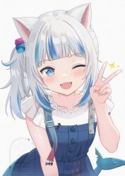 1girl absurdres animal_ears artexyan blue_hair blue_overalls cat_ears cube_hair_ornament fins fish_tail gawr_gura gawr_gura_(casual) hair_ornament highres hololive hololive_english kemonomimi_mode looking_at_viewer medium_hair multicolored_hair official_alternate_costume official_alternate_hairstyle one_eye_closed overalls shark_girl shark_tail sharp_teeth shirt side_ponytail smile solo streaked_hair tail teeth upper_teeth_only v virtual_youtuber white_background white_hair white_shirt
