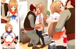 1boy 1girl 3d age_difference ahoge artist_request bathroom black_thighhighs blush bow breasts brown_eyes brown_hair clothed_sex cross_hair_ornament culture_japan flat_chest hair_ornament held_up hetero indoors islander kiss leg_grab loafers long_hair looking_at_viewer money pleated_skirt prostitution pubic_hair pussy red_hair restrained reverse_suspended_congress school_uniform serafuku sex sex_from_behind shoes skirt small_breasts spread_legs standing suenaga_mirai tears thigh_grab thighhighs thighs vaginal