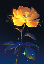 absurdres artist_name crescent crescent_moon flower glowing highres huhv. leaf moon night night_sky no_humans original plant sky sparkle star_(sky) still_life yellow_flower