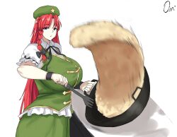 1girl absurdres beret black_bow black_ribbon blue_eyes bow braid breasts china_dress chinese_clothes cooking dress food fried_rice fried_rice_prank_(meme) gigantic_breasts green_hat green_vest hair_bow hat hat_ornament highres hong_meiling long_hair meme omikami puffy_short_sleeves puffy_sleeves red_hair ribbon short_sleeves signature solo star_(symbol) star_hat_ornament touhou vest white_background wok