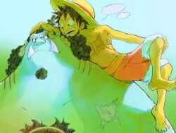 2boys black_hair blue_skin blue_sky chest_tattoo colored_skin crossed_legs facial_hair goatee happensweater hat highres jinbe_(one_piece) long_hair male_focus monkey_d._luffy multiple_boys on_shoulder one_piece red_shorts scar scar_on_chest scar_on_face short_hair shorts sky smile straw_hat tattoo tusks