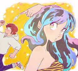 1boy 1girl bikini breasts brown_hair cone_horns fleeing green_hair heart highres hood hoodie horns lightning_bolt_symbol long_hair lum medium_breasts miyuki_(hoshikuzumiyuki) moroboshi_ataru multicolored_hair pointy_ears pouty_lips short_hair star_(symbol) striped_bikini striped_clothes swimsuit twitter_username urusei_yatsura white_hoodie yellow_background