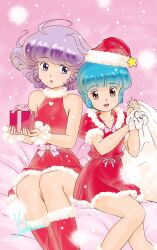 2girls absurdres artist_name belt belt_bow blue_hair boots bow box brown_eyes child christmas clothing_cutout creamy_mami dress drill_hair drill_sidelocks dual_persona feet_out_of_frame fur-trimmed_boots fur-trimmed_dress fur-trimmed_headwear fur_trim gift gift_box hat hat_ornament heart_cutout highres holding holding_gift holding_sack magical_girl mahou_no_tenshi_creamy_mami morisawa_yuu multiple_girls open_mouth pink_bow puffy_short_sleeves puffy_sleeves purple_eyes purple_hair red_boots red_dress red_hat sack santa_hat scrunchie short_hair short_sleeves sidelocks signature sitting sleeveless sleeveless_dress smile snowing star_(symbol) star_hat_ornament white_belt white_bow white_scrunchie wrist_scrunchie yoshinaga_masahiro