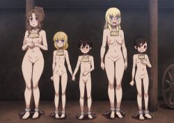 1boy 4girls absurdres angry barefoot bdsm black_eyes black_hair blonde_hair blue_eyes blush bondage bound breasts brown_hair cleft_of_venus collar commission commissioner_upload completely_nude cuffs embarrassed flat_chest full_body highres holding_hands large_breasts loli long_hair looking_at_viewer luna_(someinternetloser) medium_breasts multiple_girls nipples nude original penis pointy_ears ponytail price_tag purple_eyes pussy red_eyes roxie_(someinternetloser) shackles short_hair shota sign sign_around_neck slave slave_market slave_tattoo small_breasts small_penis standing tattoo the_dark_mangaka uncensored