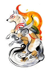 absurdres amaterasu_(ookami) animal animal_focus closed_mouth commentary english_commentary fire from_side full_body highres light_smile no_humans ookami_(game) reflector_(ookami) rubisfirenos simple_background solo watercolor_effect white_background white_wolf wolf