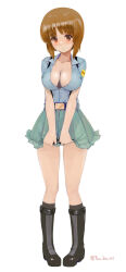 Rule 34 | 1girl, alternate costume, aoshidan school uniform, belt, belt buckle, black boots, black socks, blue shirt, blush, boots, breasts, brown eyes, brown hair, buckle, cleavage, closed mouth, clothes pull, collarbone, girls und panzer, green skirt, kneehighs, large breasts, miniskirt, nishizumi miho, pleated skirt, school uniform, shirt, short hair, short sleeves, skirt, skirt pull, socks, suspender skirt, suspenders, yurikuta tsukumi