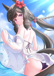 1girl absurdres alternate_costume alternate_hairstyle animal_ears ass bikini black_hair breasts daiichi_ruby_(umamusume) drill_hair flower gamel_120 hair_between_eyes hair_flower hair_ornament highres horse_ears horse_girl horse_tail long_hair purple_hair sky small_breasts smile swimsuit tail umamusume water