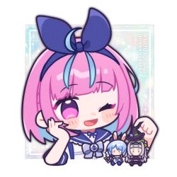 Rule 34 | 1girl, ahoge, animal ears, anniversary, aqua hair, arched bangs, bare arms, black capelet, black skirt, blue bow, blue hair, blue sailor collar, blue sleeve cuffs, blunt bangs, blush stickers, bow, bow hairband, capelet, carrot hair ornament, chibi, collar, colored inner hair, doll, dress, english text, food-themed hair ornament, frilled collar, frills, fur scarf, grey hair, hair bun, hair ornament, hairband, hand rest, hat, highres, holding, holding unworn clothes, holding unworn hat, hololive, long hair, midriff, minato aqua, minato aqua (sailor), multicolored hair, murasaki shion, murasaki shion (1st costume), nekotaririn, official alternate costume, official alternate hairstyle, one eye closed, pink bow, purple eyes, purple hair, rabbit ears, rabbit girl, sailor collar, short hair, single side bun, skirt, sleeveless, sleeveless dress, sleeves rolled up, solo, swept bangs, twintails, unworn hat, unworn headwear, usada pekora, usada pekora (1st costume), very long hair, virtual youtuber, white background, white dress, witch, witch hat, yellow eyes