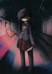 1girl bad_id bad_twitter_id black_eyes black_hair bow bowtie braid bright_pupils closed_mouth commentary english_commentary full_body funamusea grey_jacket hair_over_one_eye holding holding_knife iesonatana inactive_account jacket knife kurai_yonaka loafers long_sleeves looking_at_viewer low_twin_braids miniskirt mogeko_castle one_eye_covered pantyhose plaid_clothes plaid_skirt red_bow red_bowtie red_skirt school_uniform shoes skirt solo standing twin_braids white_pupils