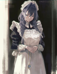 1girl apron black_dress blue_eyes blue_hair braid closed_mouth commentary dress empire_waist english_commentary frilled_apron frilled_hat frills hair_between_eyes hair_intakes hair_over_shoulder hat highres hololive hololive_english juliet_sleeves long_dress long_hair long_sleeves low_twin_braids maid maid_apron mob_cap official_alternate_costume official_alternate_hairstyle ouro_kronii ouro_kronii_(maid) pocket_watch puffy_sleeves puritan_collar solo tomatoketchup96 twin_braids victorian_maid watch white_apron white_hat