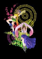 00s 2girls absurdres bikini blonde_hair braid breasts brown_hair final_fantasy final_fantasy_x final_fantasy_x-2 gloves green_eyes hair_ornament hakama hakama_skirt headband heterochromia highres holixholi japanese_clothes large_breasts long_hair medium_breasts multiple_girls rikku_(ff10) scarf short_hair skirt swimsuit yuna yuna_(ff10)