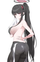 1girl absurdres black_bodysuit black_hair black_halo blue_archive bodysuit breasts commentary_request hair_censor halo highres holding holding_towel korean_commentary large_breasts long_hair looking_at_viewer official_alternate_costume pants partially_undressed ponytail red_eyes rio_(blue_archive) rio_(bodysuit)_(blue_archive) simple_background solo sweat towel very_long_hair white_background yoga_pants yuzb