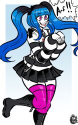 1girl amemiya_darumi black_boots black_bow black_hair black_skirt blue_background blue_hair boots border bow collar female_focus hands_up heart long_sleeves multicolored_hair pink_eyes pink_thighhighs pleated_skirt red_bow red_collar safety_pin shirt skirt striped_clothes striped_shirt teeth the_hundred_line_-last_defense_academy thighhighs tongue tongue_out twintails upper_teeth_only white_border