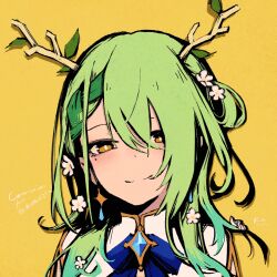 1girl absurdres antlers blue_ribbon bright_pupils brooch ceres_fauna commentary commission commissioner_name dated english_commentary flower green_hair hair_flower hair_ornament highres hololive hololive_english horns jewelry long_hair looking_at_viewer neck_ribbon portrait ribbon rnna signature simple_background solo yellow_background yellow_eyes