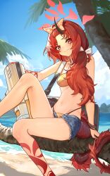 Rule 34 | 1girl, aircctzillie, bangs pinned back, bikini, blue archive, bow, closed mouth, colored skin, denim, denim shorts, dragon girl, dragon horns, dragon tail, hair bow, hair over shoulder, highres, horns, low ponytail, multicolored skin, navel, ocean, official alternate costume, official alternate hairstyle, open clothes, open shorts, orange bow, ponytail, red eyes, red hair, red skin, renge (blue archive), renge (swimsuit) (blue archive), short shorts, shorts, single horn, smile, solo, stomach, swimsuit, tail, white bow, yellow bikini