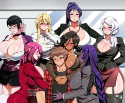 1boy aoi_kiriko breasts cattleya_(queen&#039;s_blade) crossover dark-skinned_female dark_skin fate/grand_order fate_(series) harem highschool_of_the_dead huge_breasts jadenkaiba long_hair marikawa_shizuka minamoto_no_raikou_(fate) office_lady queen&#039;s_blade rwby scheherazade_(fate) willow_schnee