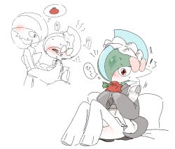 apron blush bob_cut bow colored_skin gallade game_freak gardevoir gen_3_pokemon gen_4_pokemon green_hair hair_over_one_eye maid maid_apron maid_headdress nintendo pink_bow pippu_(pixiv_83129481) pokemon pokemon_(creature) red_eyes sitting white_apron white_skin