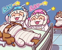 4girls :| ^_^ absurdres animal_ears bandaged_head bandaged_torso bandages bed blue_hair bone_hair_ornament brown_hair chair chibi chibi_only closed_eyes closed_mouth coat commentary doctor dog_ears dog_girl dog_tail english_commentary fuwawa_abyssgard grey_hair hair_ornament hair_tie hat highres hololive hololive_english hololive_grand_theft_auto hospital_bed indoors inugami_korone keenbiscuit long_hair long_sleeves low_twintails lying mococo_abyssgard multicolored_hair multiple_girls mummification_(bound) mummy nanashi_mumei nurse_cap on_back pillow pink_hair shadow star_(symbol) tail tehepero tile_floor tiles tongue tongue_out twintails two-tone_hair virtual_youtuber white_coat white_sleeves