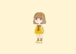 1girl bare_shoulders blunt_bangs boots brown_eyes brown_hair chibi chibi_only closed_mouth commentary dress english_commentary eunha_(gfriend) gfriend k-pop pey_gf real_life simple_background solo twitter_username yellow_background yellow_dress