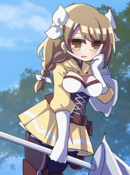 1girl 89tyoko absurdres black_corset braid breasts cleavage corset fire_emblem fire_emblem_engage goldmary_(fire_emblem) highres hooded_top low_ponytail medium_breasts nintendo ponytail ribbon side_ponytail single_shoulder_pad skirt solo white_ribbon yellow_skirt