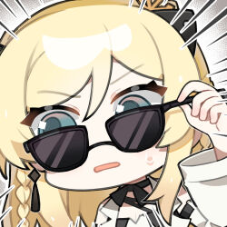 Rule 34 | 1girl, adjusting eyewear, artist request, black ribbon, blonde hair, blue eyes, braid, chibi, chibi only, chinese commentary, emphasis lines, girls&#039; frontline, girls&#039; frontline neural cloud, hair ribbon, long hair, luna (neural cloud), official art, parted lips, ribbon, second-party source, solo, sunglasses, sweat