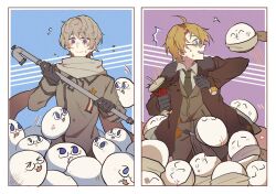 Rule 34 | &gt; &lt;, 2boys, :3, @ @, ^^^, ahoge, america (hetalia), anger vein, axis powers hetalia, black gloves, blob, blonde hair, brown hair, brown jacket, chinese commentary, closed mouth, coat, collared shirt, commentary request, cup, drink, flying sweatdrops, fur-trimmed jacket, fur trim, glasses, gloves, green necktie, grey coat, grey scarf, grey shirt, henohenomoheji, highres, holding, holding cup, holding lead pipe, jacket, lead pipe, male focus, multiple boys, necktie, open clothes, open jacket, open mouth, russia (hetalia), scarf, shirt, short hair, smile, squeezing, sweat, yuezhuanlang